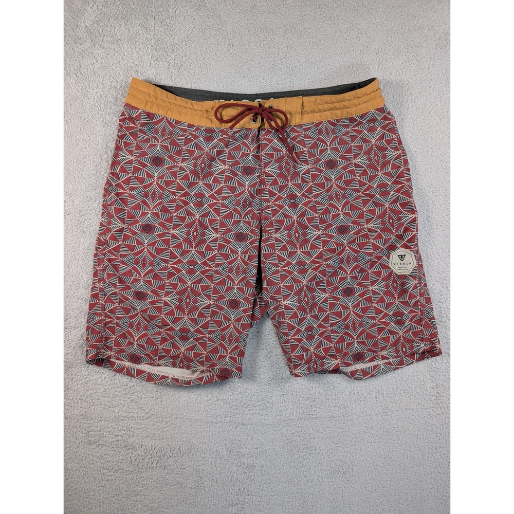 Vissla Mens Board Shorts Size 32 Red Geometric Upcycled Coconut Stretch Trunks